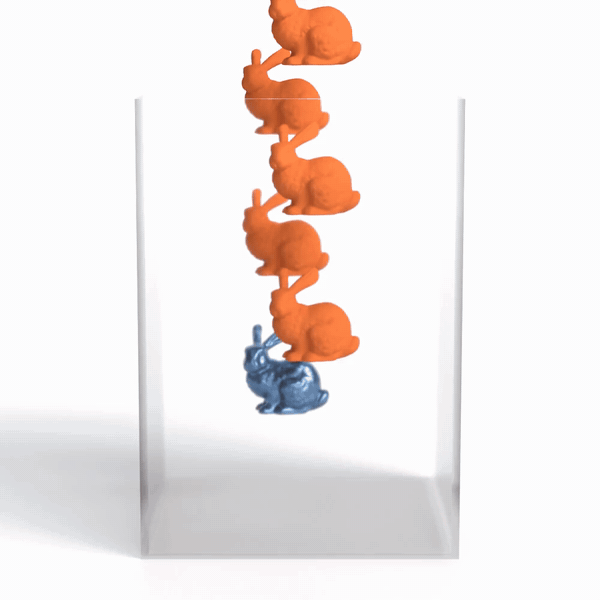 Several deformable and affine bunnies falling into a transparent container